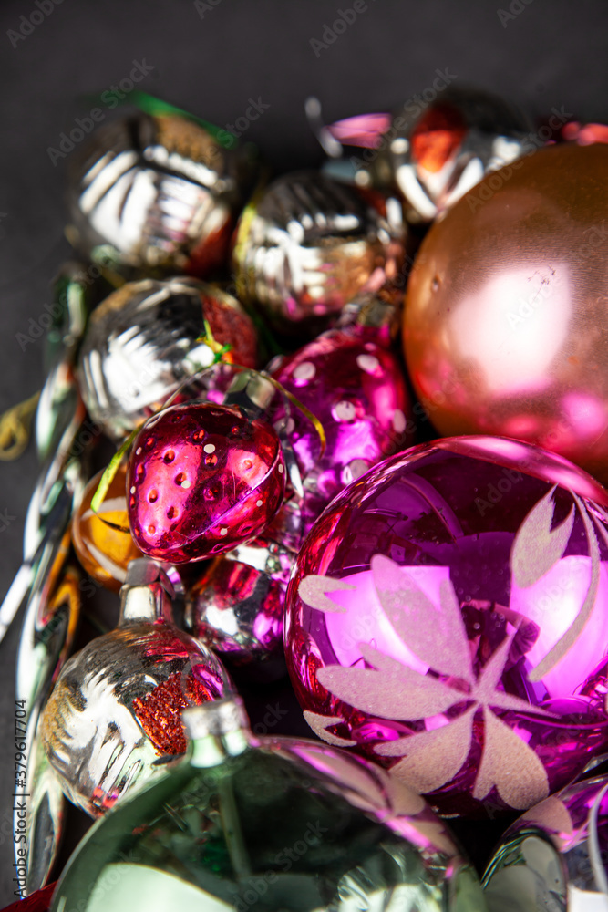 Christmas balls for a christmas background. Old retro ball for decorating the Christmas tree. Glass New Year decorations.