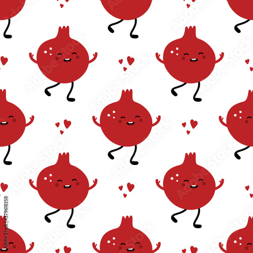 Cute and happy pomegranate character and red hearts vector seamless pattern background.
