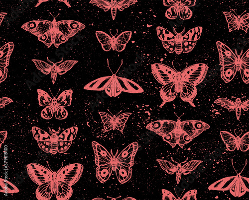 Seamless texture with hand drawn vector butterflies. Repeating background with ink butterfly - red on a black background. Dark style.