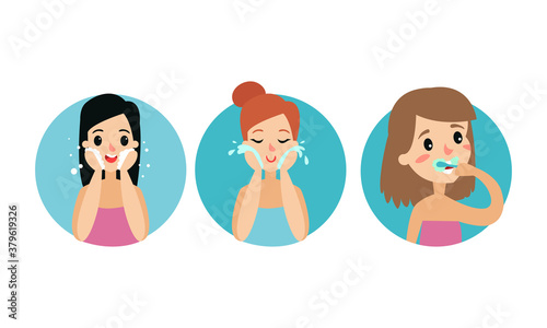 Female Character Washing Face and Brushing Teeth Vector Illustration Set