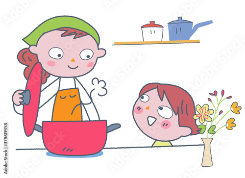 料理をする親子　イラスト
