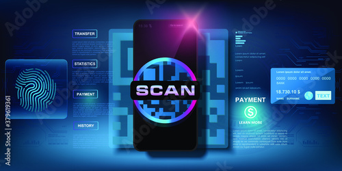 Black mobile phone with qr code scanner on the screen. QR code reading by mobile phone. Online payment and electronic payments. Concept banner