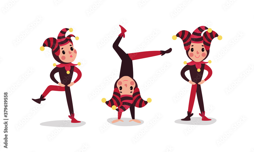 Little Boy in Harlequin or Clown Hat with Jingle Bells Jumping and Somersaulting Vector Set Little Boy in Harlequin or Clown Hat with Jingle Bells Jumping and Somersaulting Vector Set