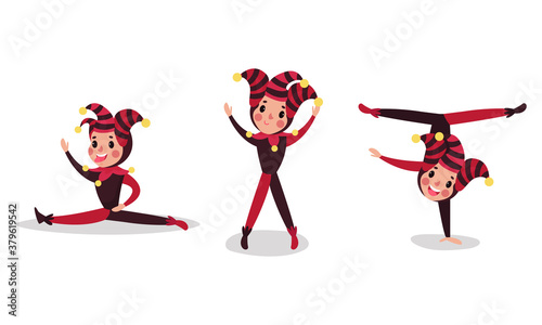 Little Boy in Harlequin or Clown Hat with Jingle Bells Jumping and Somersaulting Vector Set