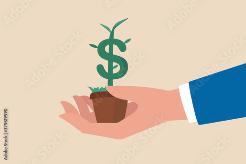 Growth stock return or dividend investment, saving and prosperity or success business achievement concept, businessman investor hand tendering hold plants pot with growing money dollar sign.