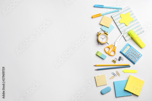 School stationery on white background, flat lay with space for text. Back to school