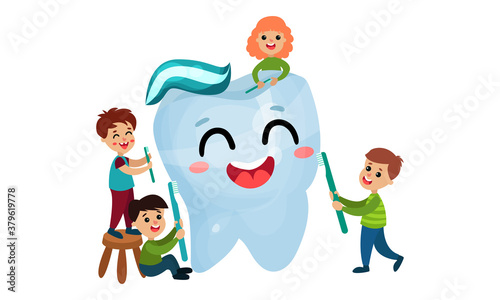Huge Humanized Tooth and Little Children Brushing It with Toothpaste Vector Illustration