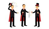 Magician or Illusionist in Top Hat Performing Tricks Vector Illustration Set