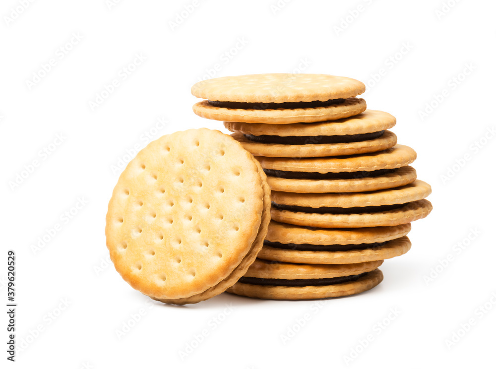 Sandwich biscuits, filled with chocolate, isolated on white background Sandwich biscuits, filled with chocolate, isolated on white background