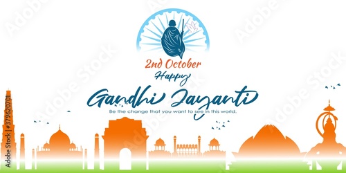 Vector illustration of Happy Gandhi Jayanti, Mahatma Gandhi, national holiday of India, 2nd October, india flag, ashoka chakra, pigeon, indian monuments silhouette, banner with english text.