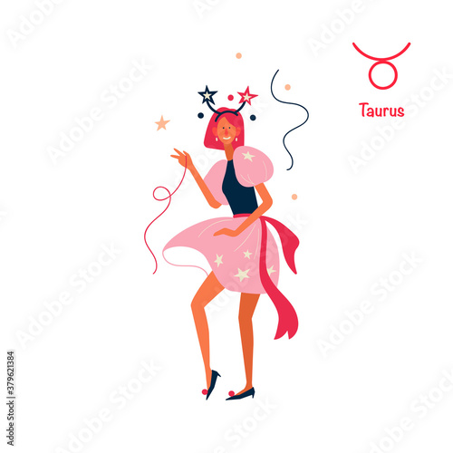 Sign of the zodiac Taurus. Young stylish girl on holiday, new year party. Illustration in flat cartoon style. Isolated on white background. 