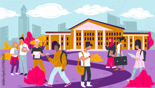 College or university educational establishment with students outdoors