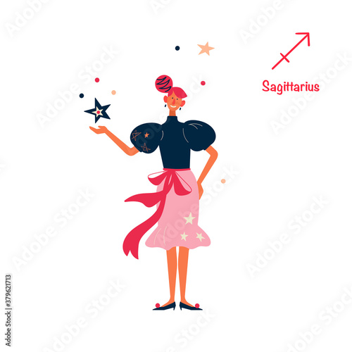 Sign of the zodiac Sagittarius. Young stylish girl on holiday, new year party. Illustration in flat cartoon style. Isolated on white background. 