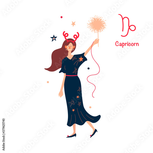 Sign of the zodiac Capricorn. Young stylish girl on holiday, new year party. Illustration in flat cartoon style. Isolated on white background.