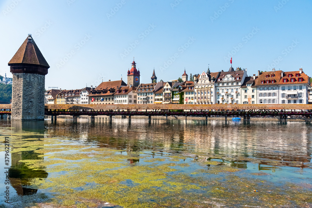 panoramic view of Lucerne with the Chapel bridge in the background