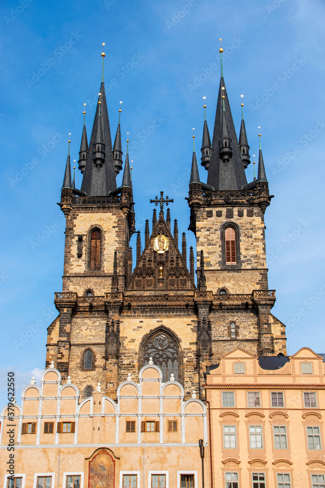 Tyn Church in the rays of the evening sun. Prague, Czech Republic