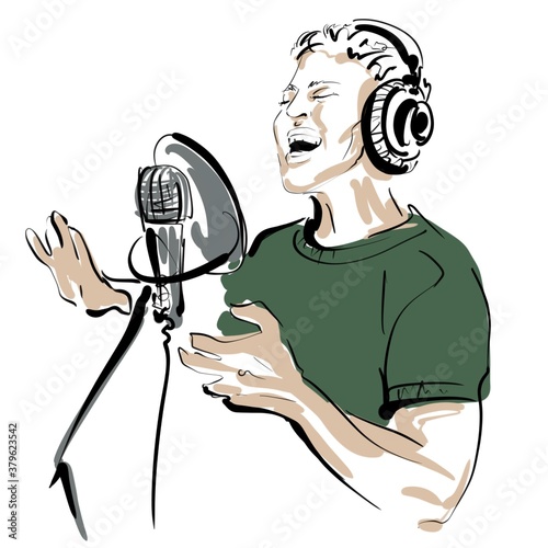 a man in headphones sings into a professional microphone illustration 
