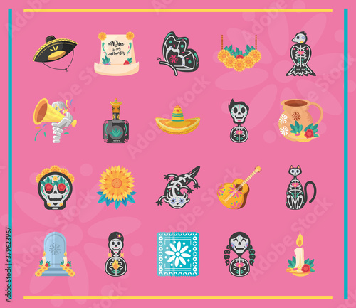 Mexican day of dead detailed style icons bundle vector design