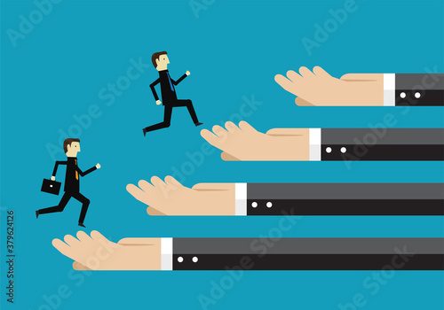 Businessman running on the hand of partnership