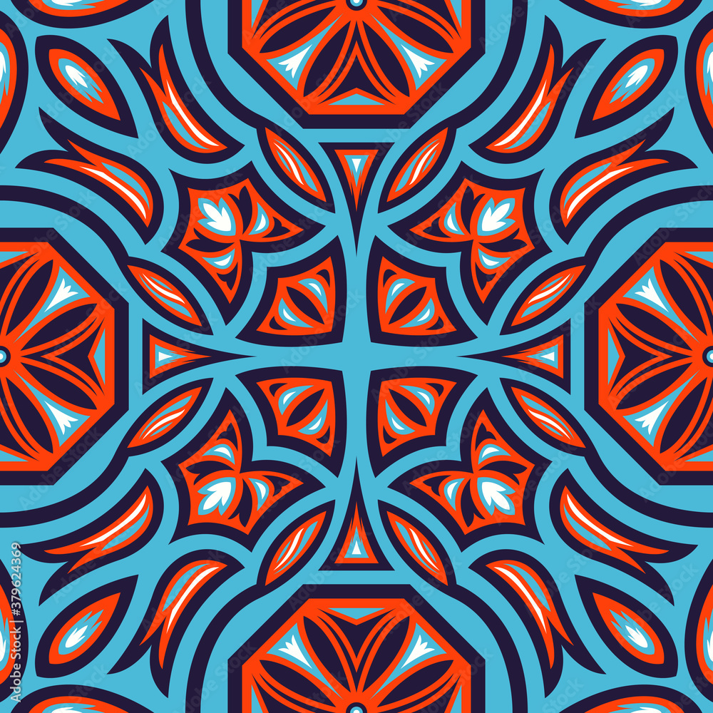 contemporary ethnic octagon floral and leaves pattern on blue