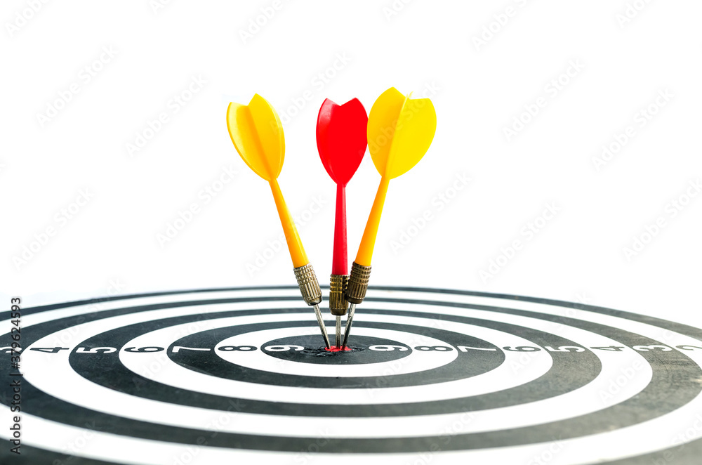 Close up shot red dart arrow on center of dartboard, metaphor to target success, winner concept, Isolated on white background.
Close up shot red dart arrow on center of dartboard, metaphor to target success, winner concept, Isolated on white background.