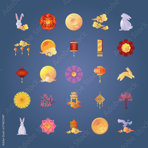 set of icons mid autumn festival on blue background