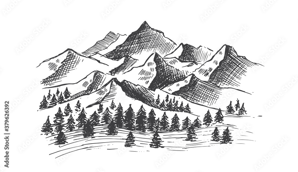 Mountain landscape, hand drawn illustration	