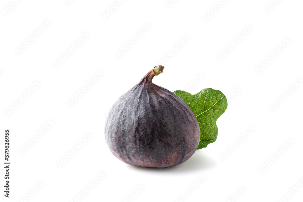 Fototapeta premium Single fresh fig with leave isolated on white background. Clipping path