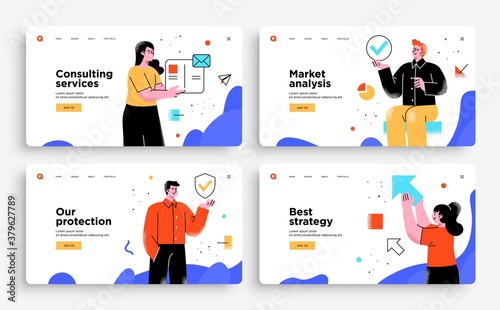 Set of Presentation slide templates or landing page websites design. Business concept illustrations. Modern flat outline style.