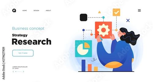 Science research website Landing page template design. Concept of Scientist character making research in a laboratory. Web page layout with modern business concept illustration.