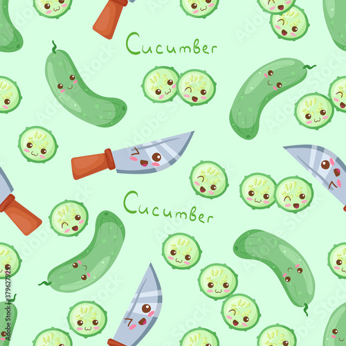 Kawaii vector Cucumber slices cartoon characters. Summer illustration in cute cartoon style designed in seamless pattern on light background. Adorable menu design  fabric print. Fresh green vegetables