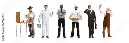 Group of people with different professions isolated on white studio background, horizontal. Modern workers of diverse occupations, male models like accountant, businessman, butcher, baker.