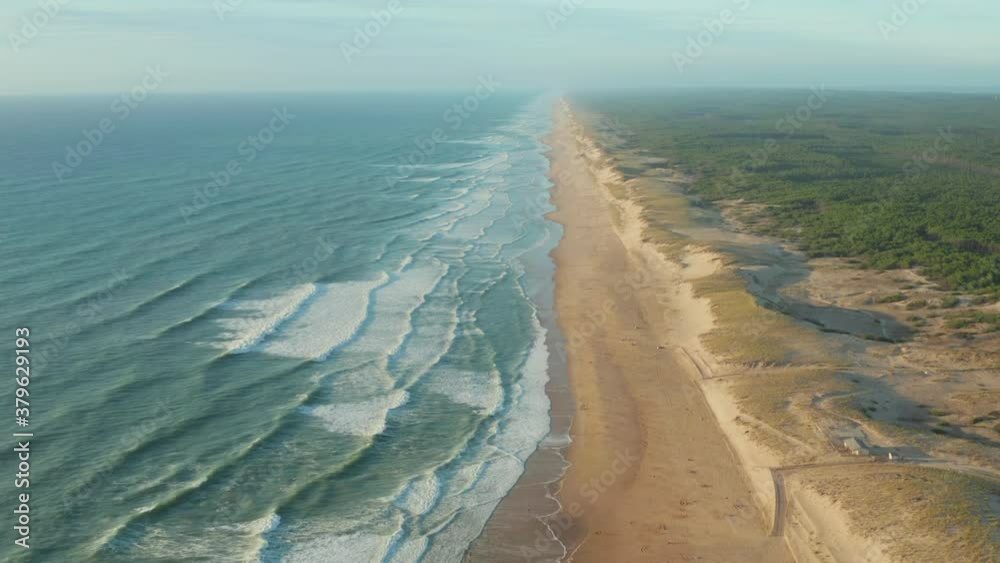 Beautiful Empty Beach at Golden Hour going endless into the distance with Green Woods and Blue Ocean 