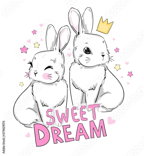 Hand drawn cute bunnies in a crown and handwritten phrase sweet dream childish rabbit print for baby products vector illustration