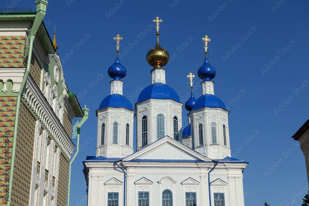 Domes of Kazan Cathedral against the sky in Tambov, Russia