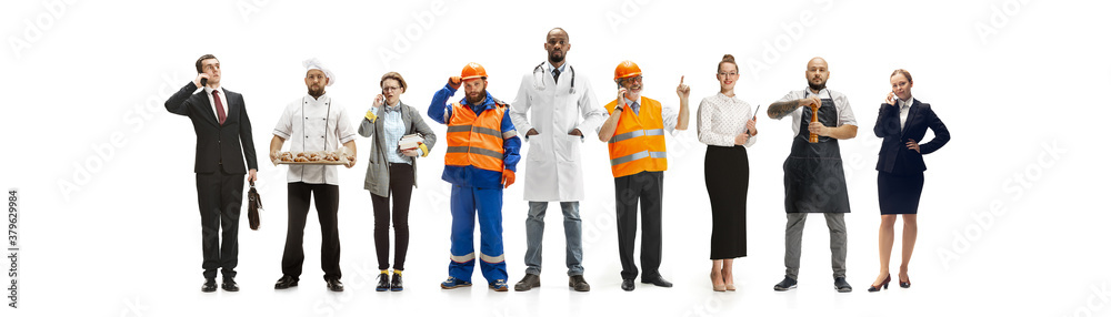 Group of people with different professions isolated on white studio background, horizontal. Modern workers of diverse occupations, male and female models like accountant, businessman, butcher, baker. Group of people with different professions isolated on white studio background, horizontal. Modern workers of diverse occupations, male and female models like accountant, businessman, butcher, baker.