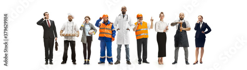 Group of people with different professions isolated on white studio background, horizontal. Modern workers of diverse occupations, male and female models like accountant, businessman, butcher, baker.