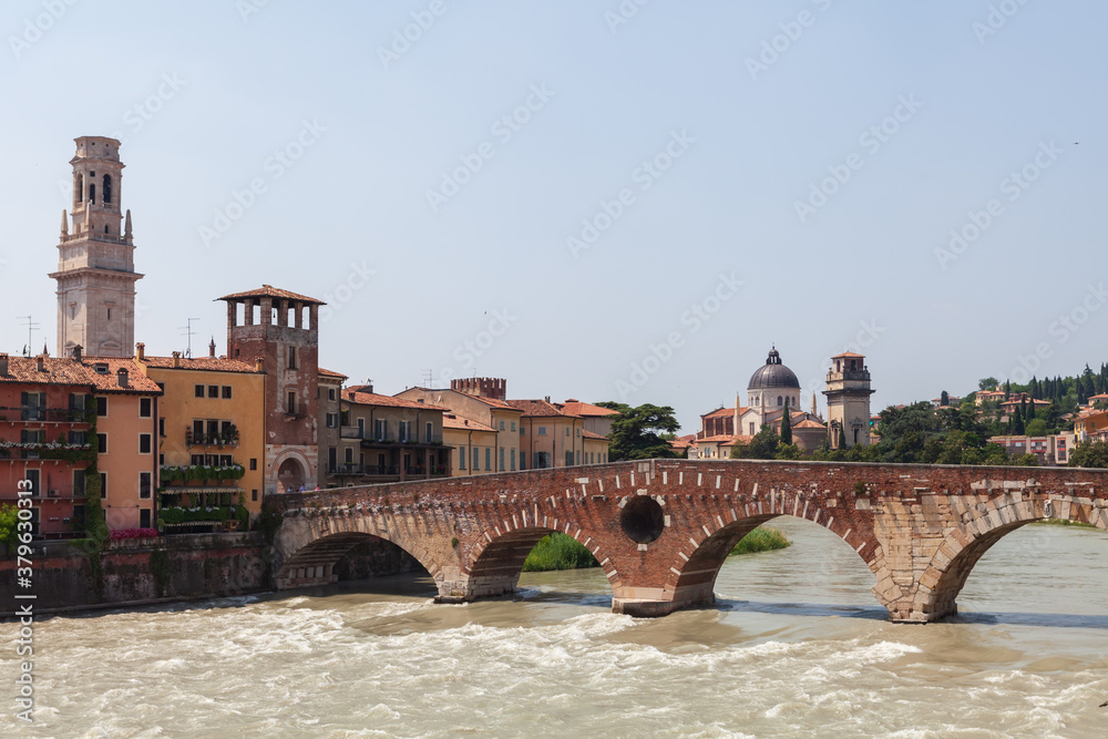 Verona view with Pietra Bridge and Adige River. VERONA, ITALY.