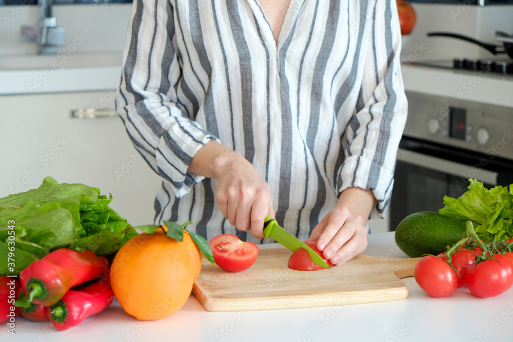 Cropped shot of unrecognizable woman cutting various fruits, vegetables, herbs and greens at her kitchen. Professional cook slicing ingredients. Vegan food concept. Close up, copy space, background.