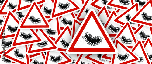 Stop Pine or Oak processionary marching Caterpillar moth Waring procession OPM signs Tiny hairs allergic reaction Poisonous banner Vector tree lind Beware sign Nest, swarm of thaumetopoea processione