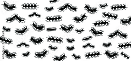 Stop Pine or Oak processionary marching Caterpillar moth Waring procession OPM signs Tiny hairs allergic reaction Poisonous banner Vector tree lind Beware sign Nest, swarm of thaumetopoea processione