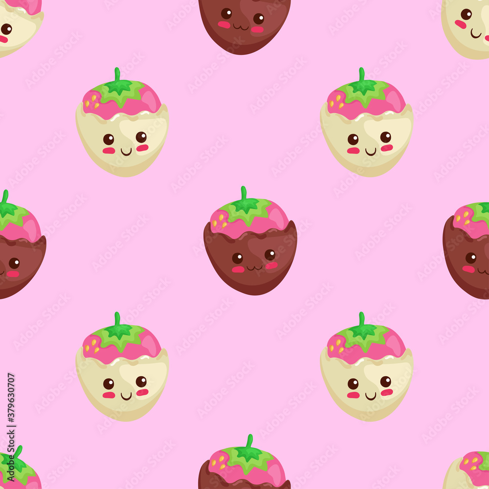 Kawaii vector Strawberry cartoon characters. Summer illustration in cute cartoon style designed in seamless pattern on light pink background. Adorable menu design, fabric print. Fruits in chocolate. Kawaii vector Strawberry cartoon characters. Summer illustration in cute cartoon style designed in seamless pattern on light pink background. Adorable menu design, fabric print. Fruits in chocolate.