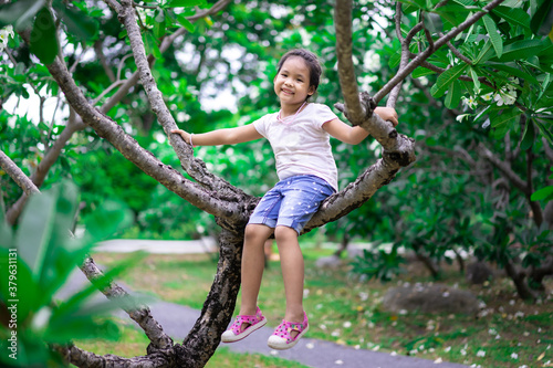 happy little asian girl climb and sit on tree branches while playing in the park