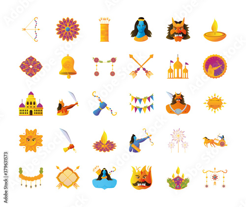 bundle of icons of the dussehra festival in white background