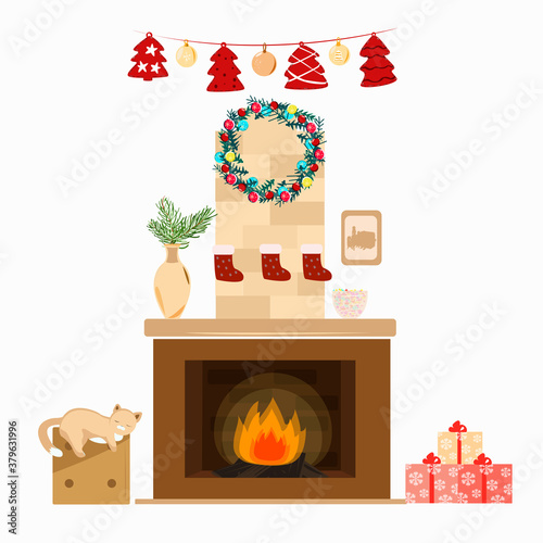 Christmas fireplace with cat decorations and gifts