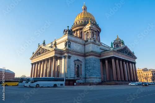 Saint Petersburg. Russia. St. Isaac's Cathedral side view. Buses on the background of St. Isaac's Cathedral. Bus tours of St. Petersburg. Guide. Petersburg on a summer day. Russia europe.
