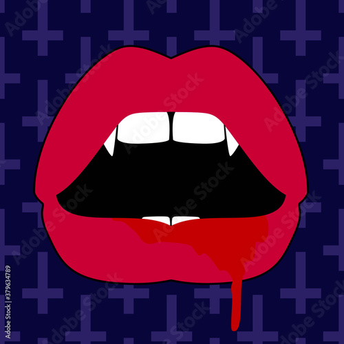 Vector illustration of vampire red lips with big teeth and bloody mouth on pattern seamless blue background. Childish vector drawing.