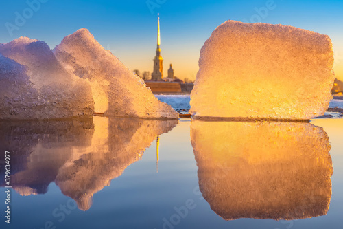 Saint Petersburg. Russia. Peter-Pavel's Fortress. Winter. Lumps of ice float along the river. Excursions to the Peter and Paul Fortress. Winter trip to Russia. Sights of St. Petersburg. Russia town. photo