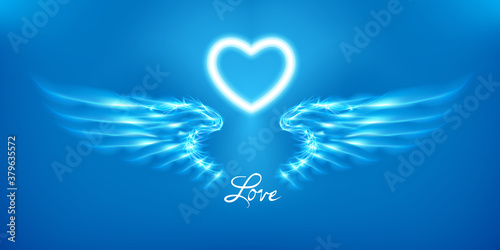 White angel wings and heart on blue background. Glowing fantasy, Valentines day attribute. Inscription love. Happy greeting card silhouette illuminated luxury glow. Design vector illustration.