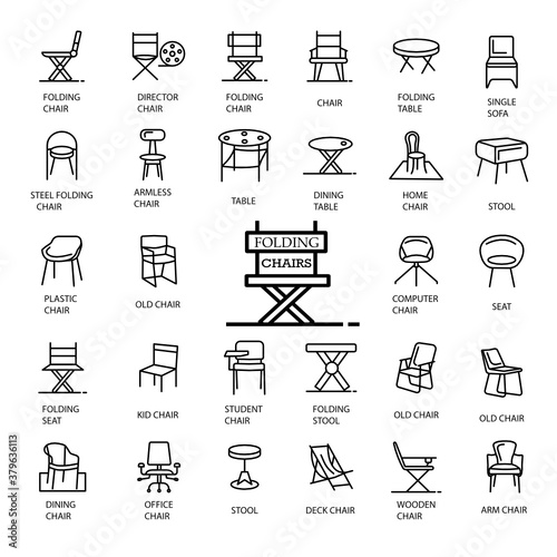 Folding Chair Collection Icons Set Vector stock illustration,  Space Saving Furniture Stools Design, Convertible Tables On White Background